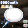 A white LED motion sensor ceiling light is shown with a Type-C charging cable and battery capacity details.