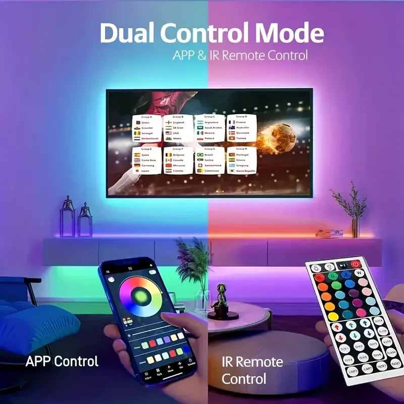 A display shows a Dual Control Mode for an APP and IR Remote Control, with a smartphone and an IR remote visible.