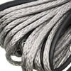 Close-up of a heavy-duty synthetic tow strap made of braided gray and black material.