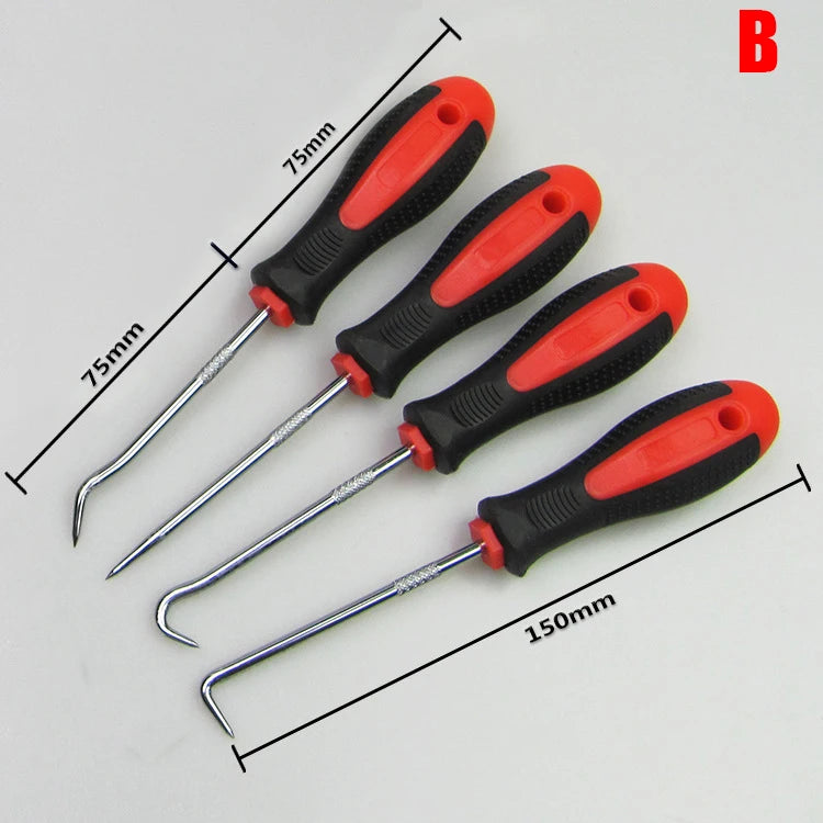 A set of multi-angle car repair hooks with red and black handles and varying lengths.