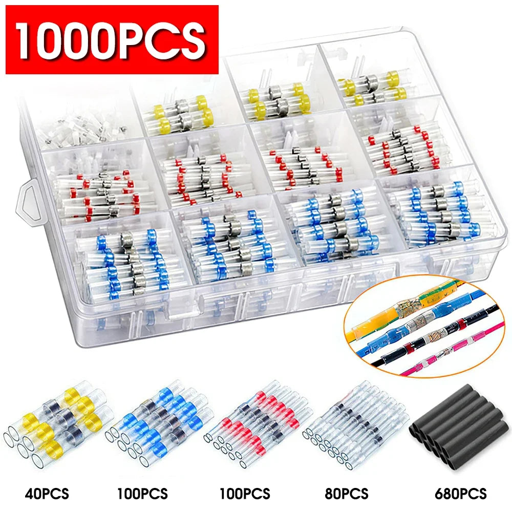 صندوق بلاستيكي شفاف يحتوي على موصلات لحام بـ Heat Shrink بألوان وكميات مختلفة.
