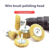 A set of wire brush polishing heads, including a brass-colored brush and a black polishing head.