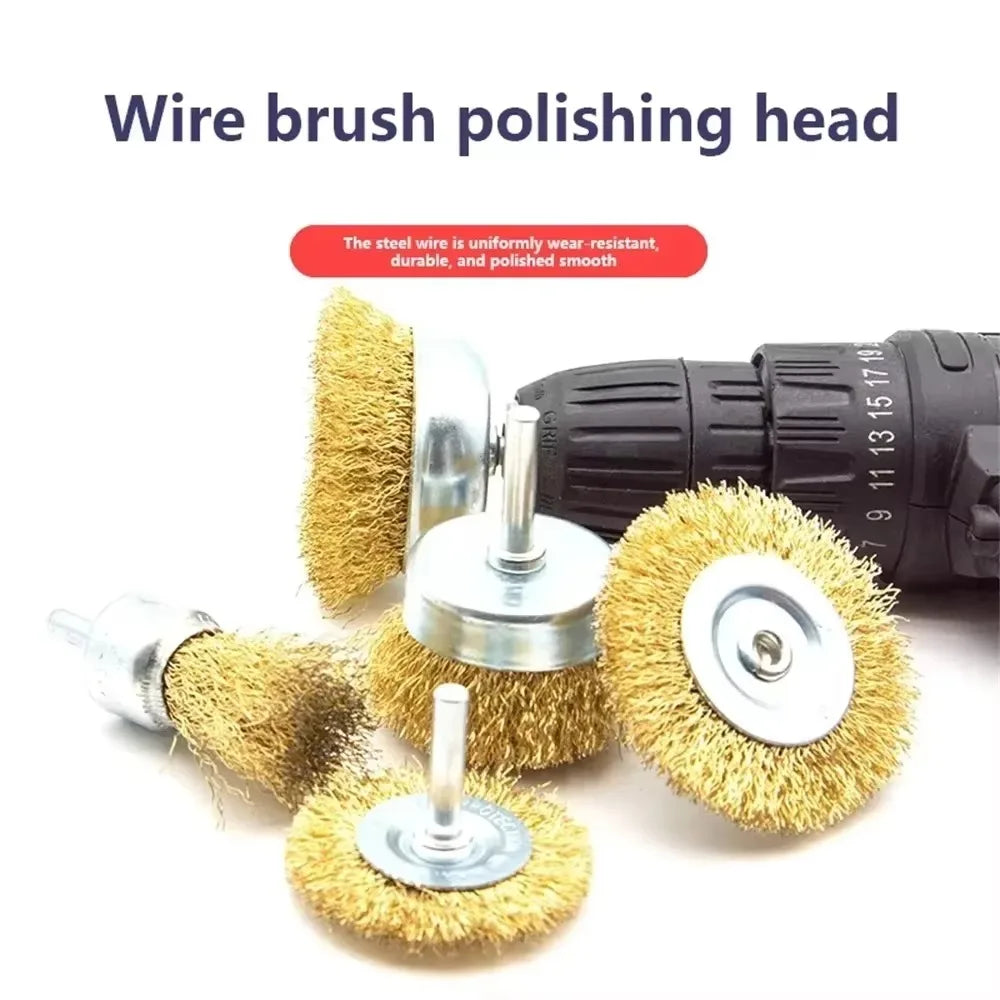 A set of wire brush polishing heads, including a brass-colored brush and a black polishing head.