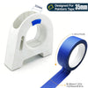 White precision painters tape applicator with a blue handle and a roll of blue painter's tape.