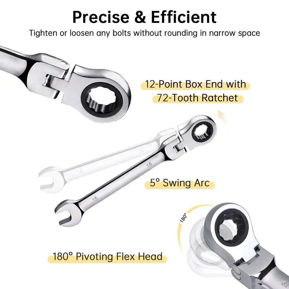 A set of precision and efficient tools including a 12-point box end, a 5-swing arc wrench, and an 180-degree pivoting flex he