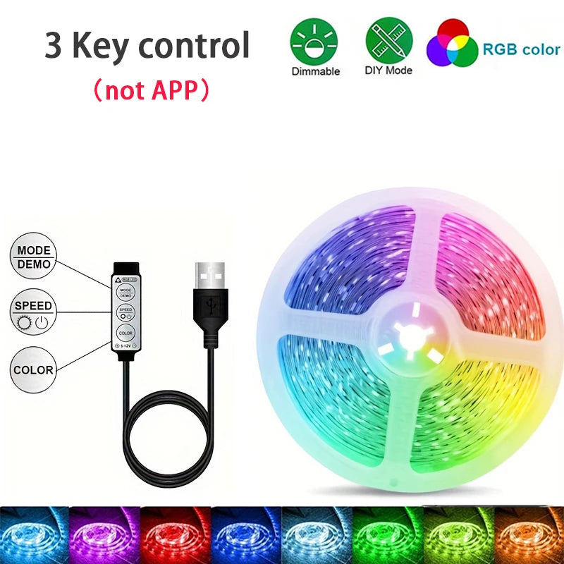 Flexible RGB LED strip lights showing various color patterns and control modes