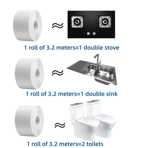 Rolls of self-adhesive caulking tape for sealing joints, including double stove, sink, and toilets.