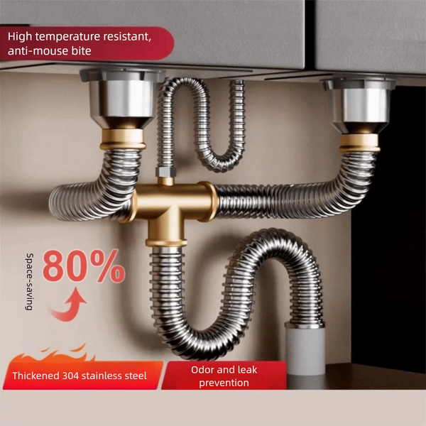 A set of stainless steel sink drain pipes with flexible tubing and connectors for plumbing applications.