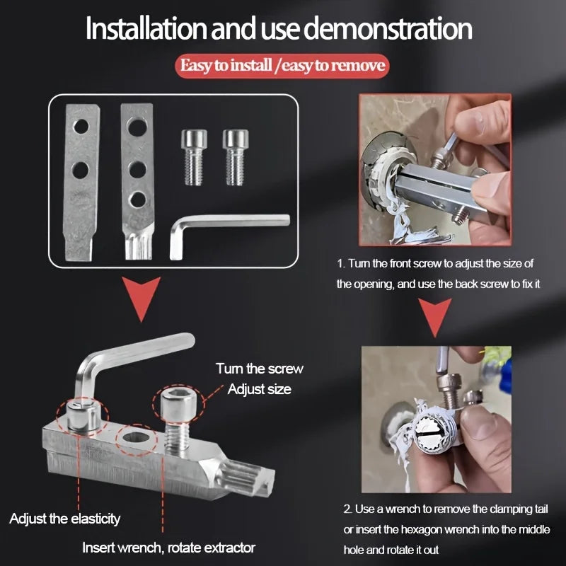 Demonstration of installation and use for a precision pipe extractor tool used to adjust size and remove faucet components.