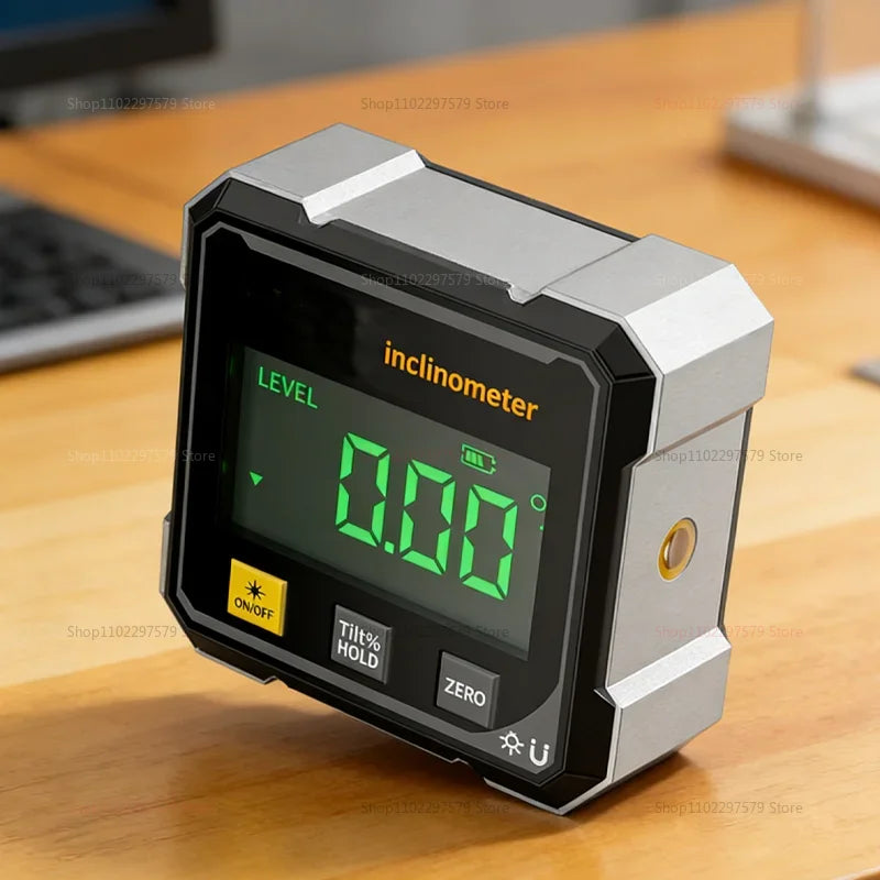 A black and silver inclinometer device is shown on a wooden surface.