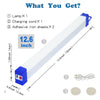 A long white LED light bar with a blue base, charging cord, and adhesive iron sheets included.