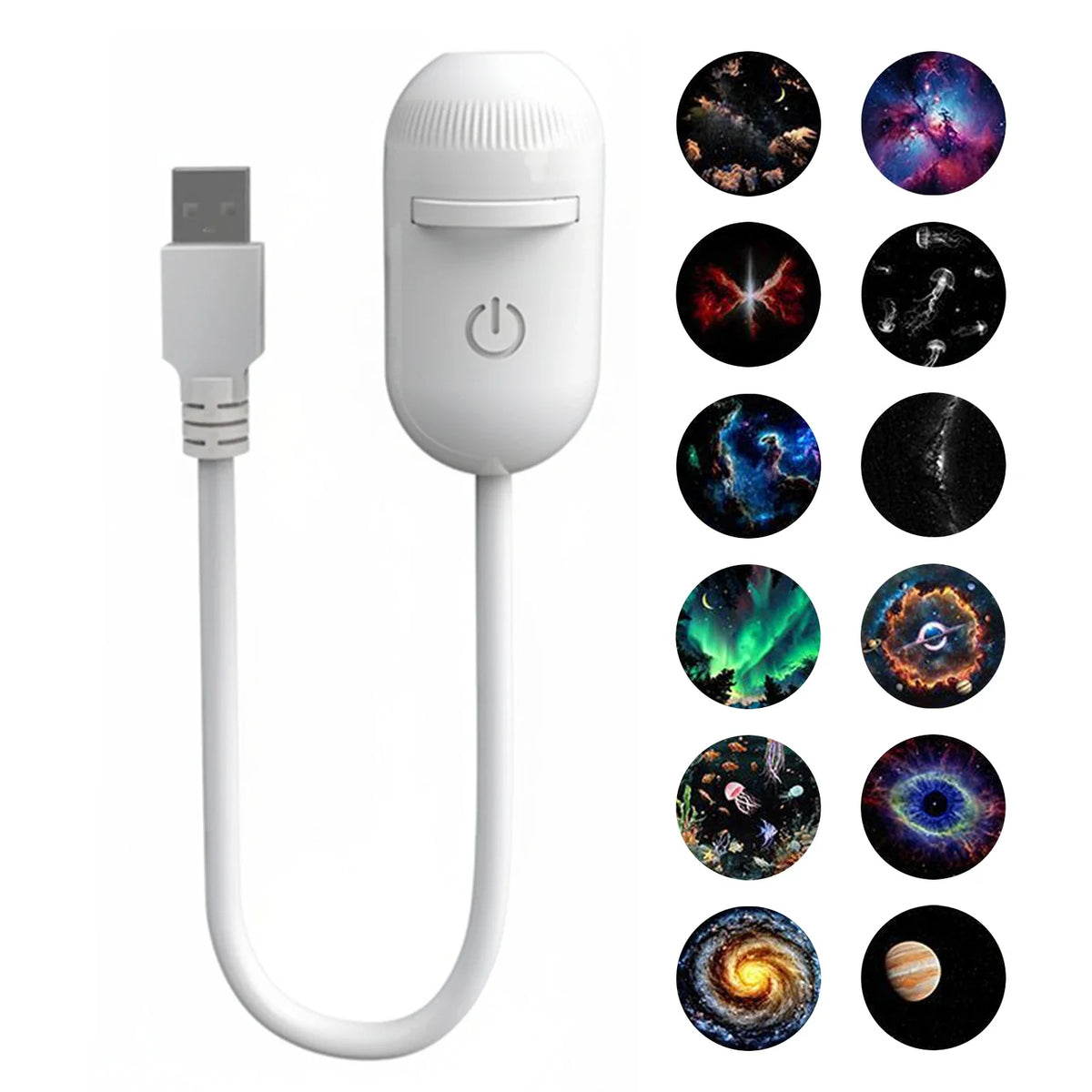 A white dual-mode USB projection lamp with a cord and multiple colorful light patterns displayed on the right.