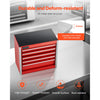 A red and silver metal portable toolbox with five drawers is shown on a gray surface.