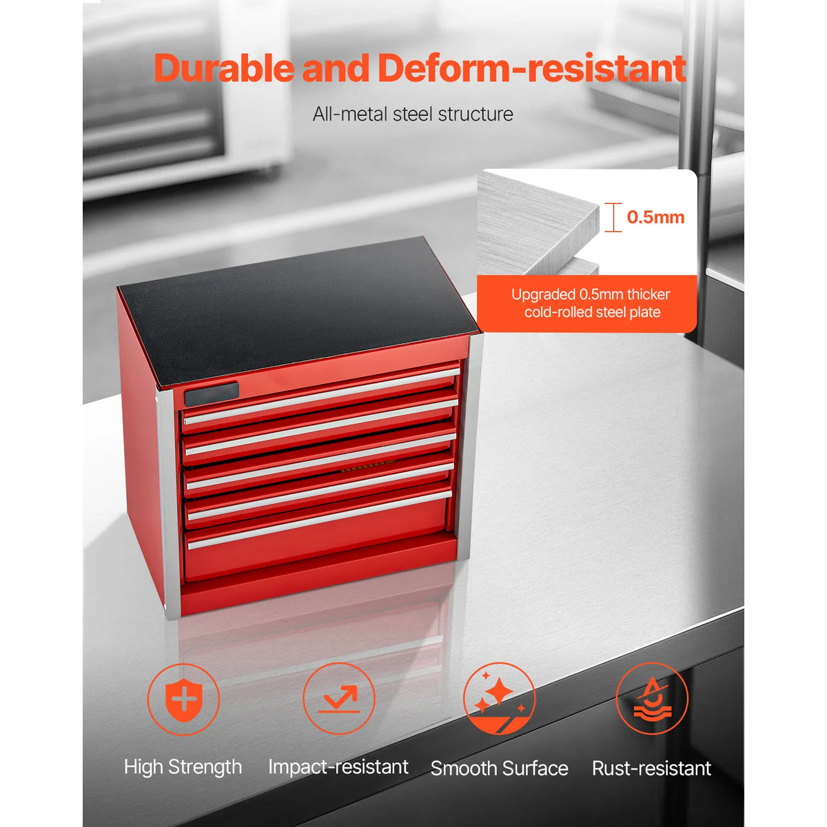 A red and silver metal portable toolbox with five drawers is shown on a gray surface.