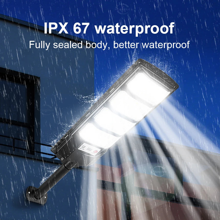 An IPX 67 waterproof solar motion sensor LED outdoor wall light shining a bright beam.