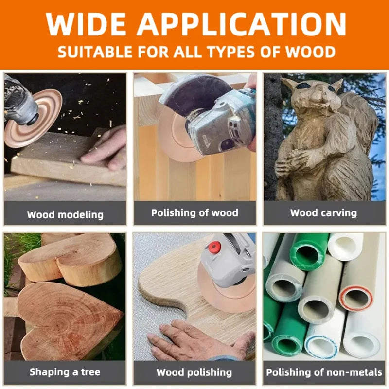 A set of woodworking tools including a shaping sanding disc and polishing discs for various wood and non-metal surfaces.