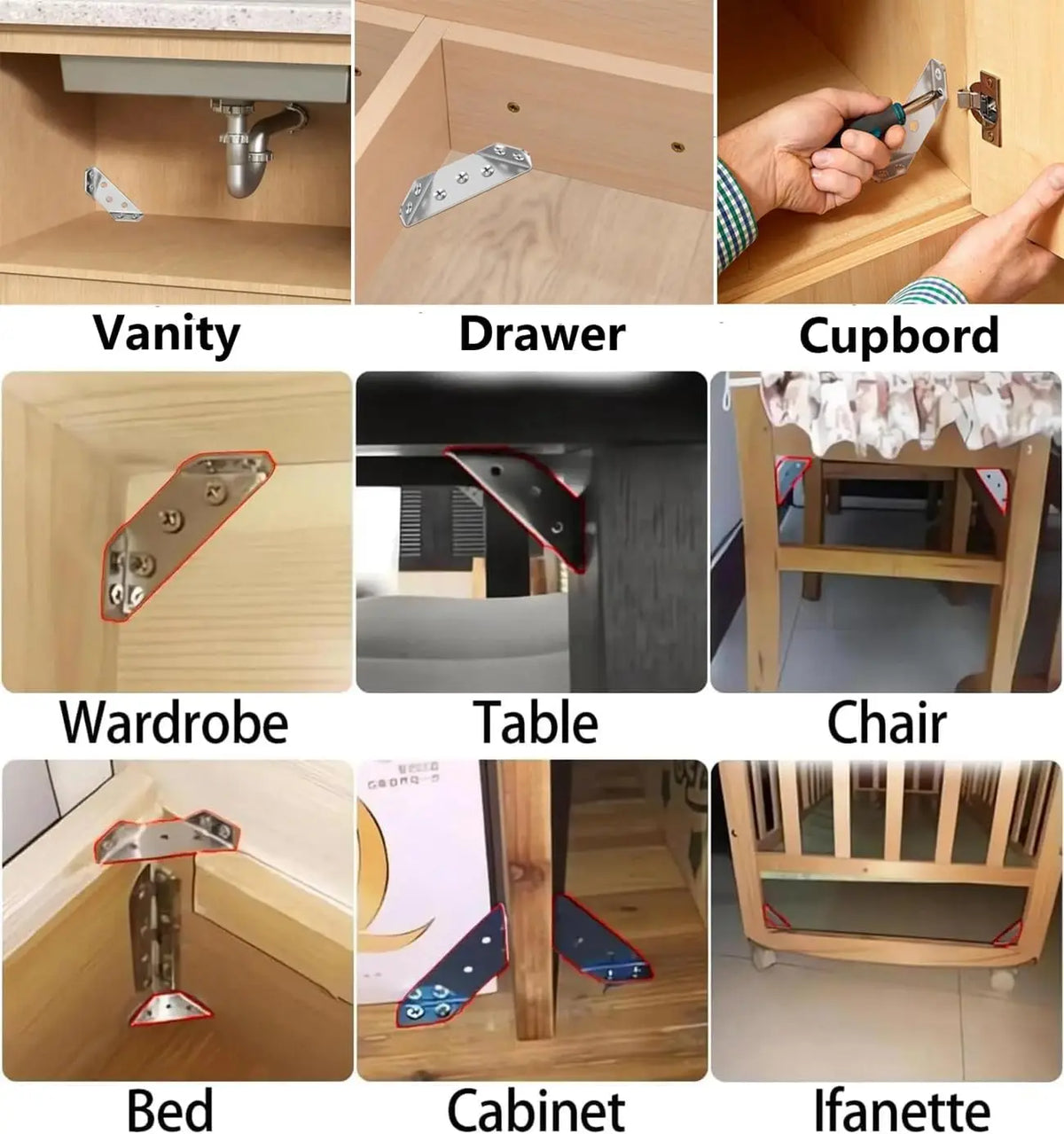 Various L-shaped corner brackets used for mounting wood and metal items in furniture like vanities, drawers, cupboards, wardr