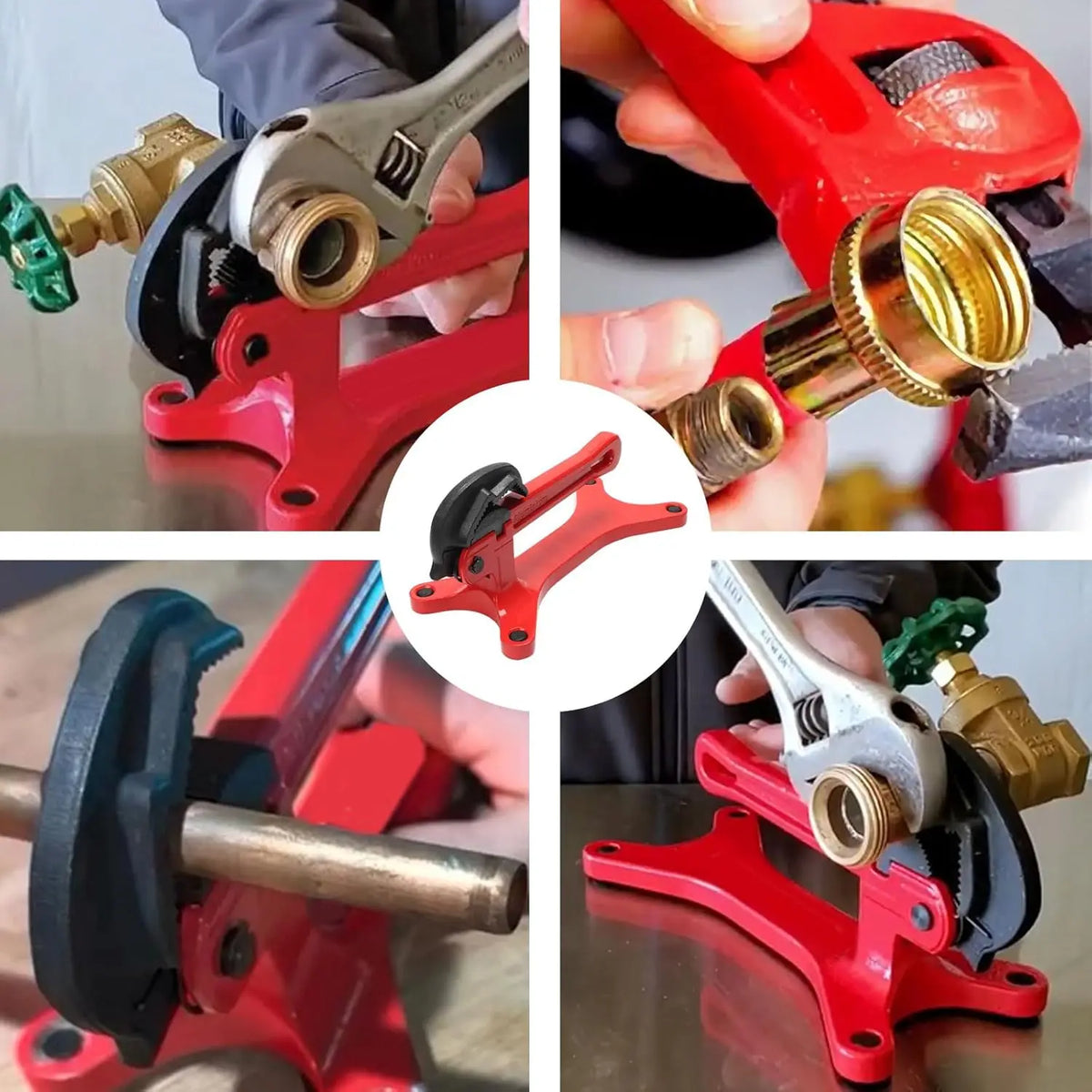 A portable red pipe vise is shown in various angles used for valve maintenance and gripping pipes.