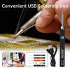 Une main tient un fer à souder USB réglable pour démontrer son utilisation sur une carte de circuit électronique.