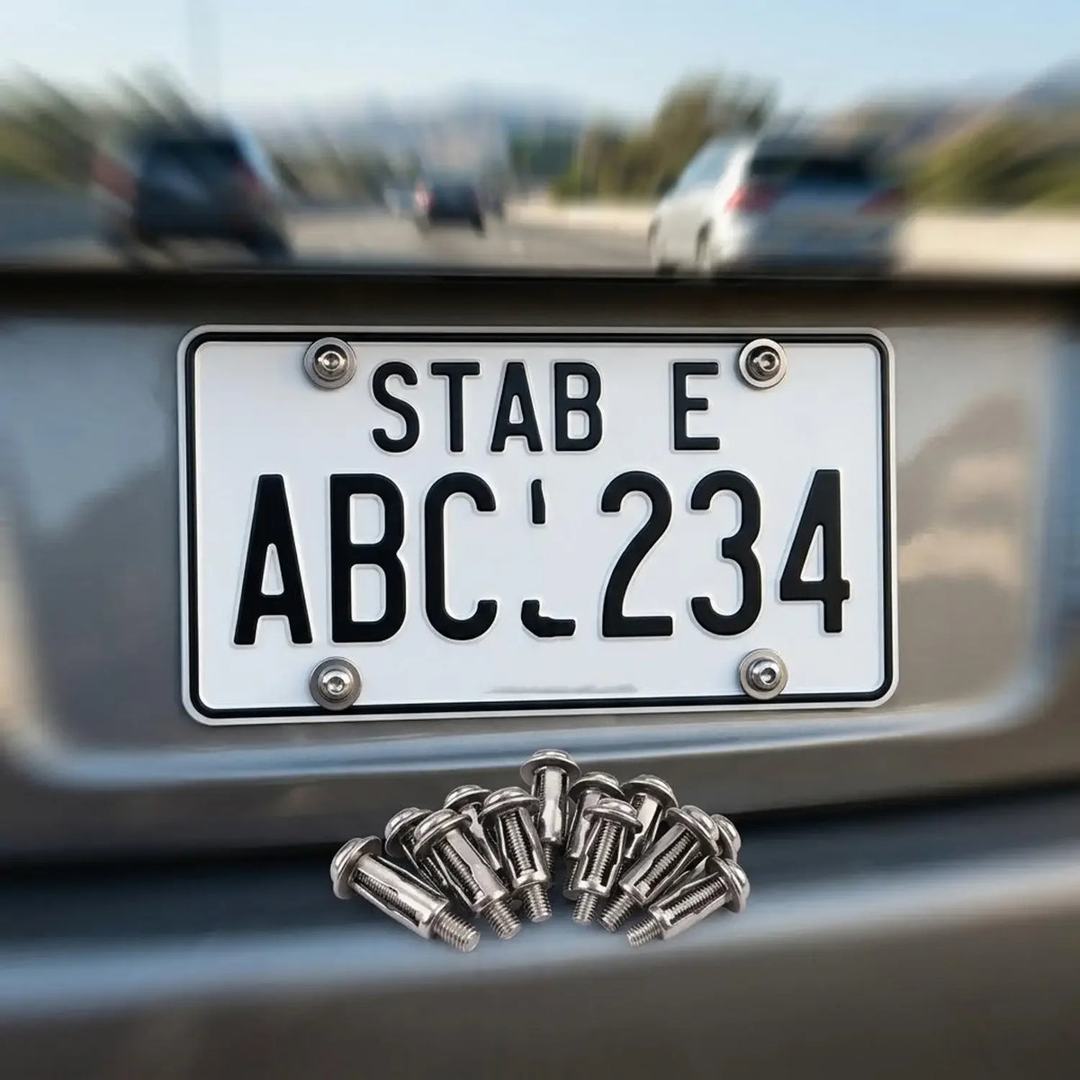 Stainless steel expansion rivet nuts labeled STAB E ABC 234 placed on a vehicle license plate.