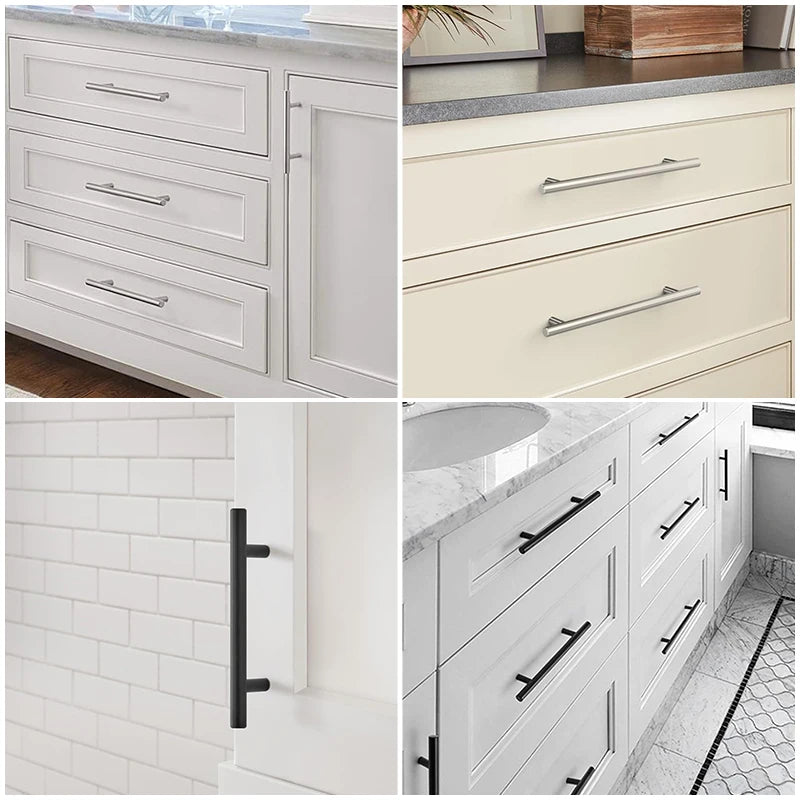 White kitchen cabinets featuring brushed nickel and gold cabinet handles.