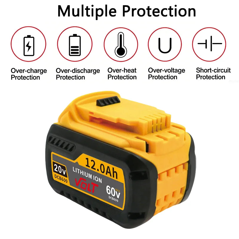 A yellow lithium-ion battery charger with multiple protection features is shown.
