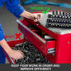 A hand is placing a socket onto an orderly organizer rail for tools, demonstrating improved efficiency.