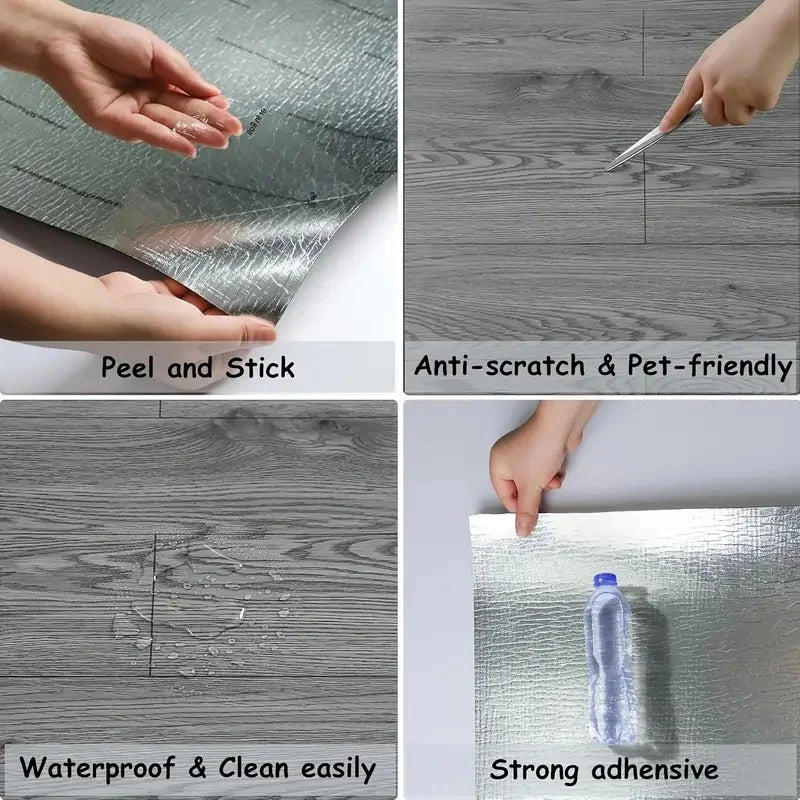 Various applications of thickened wood grain self-adhesive wall decals showing peel and stick, anti-scratch features, waterpr