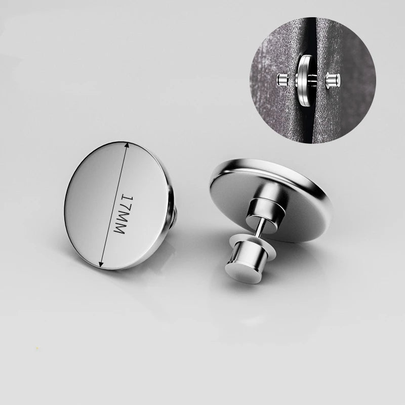 A silver magnetic button curtain clip is shown next to a circular view of the clip's detail.
