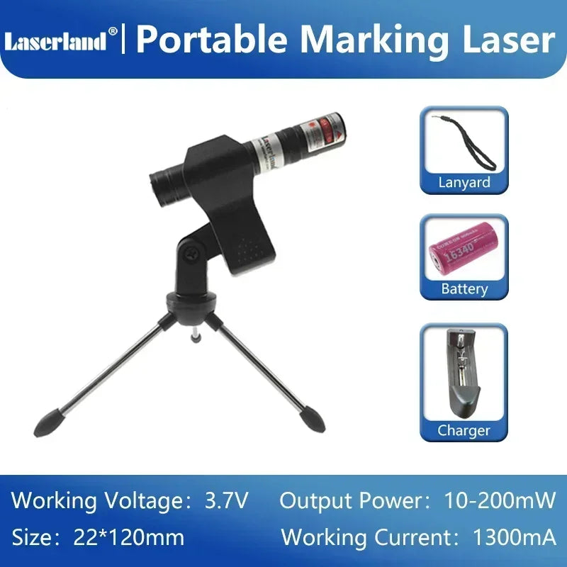Portable marking laser device with a black body, lanyard, battery, and charger.