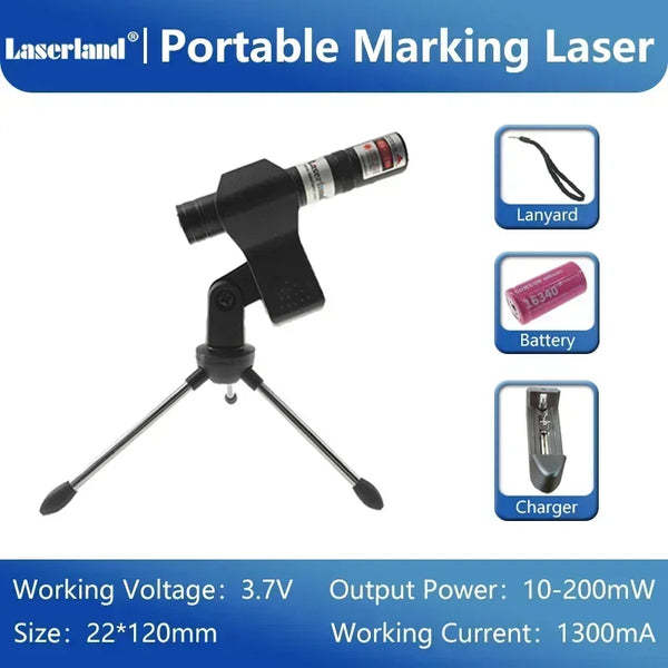 Portable marking laser device with a black body, lanyard, battery, and charger.