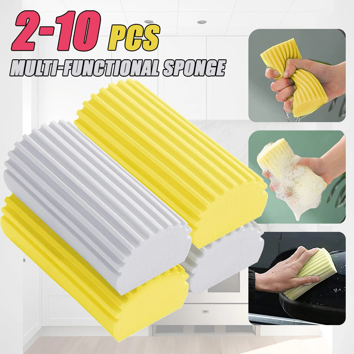 A set of 2 to 10 multi-functional yellow and white PVA absorbent cleaning sponges shown in various uses.