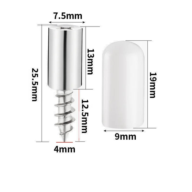 A set of silver cabinet partition support screws with various thread and shaft dimensions shown in a diagram.