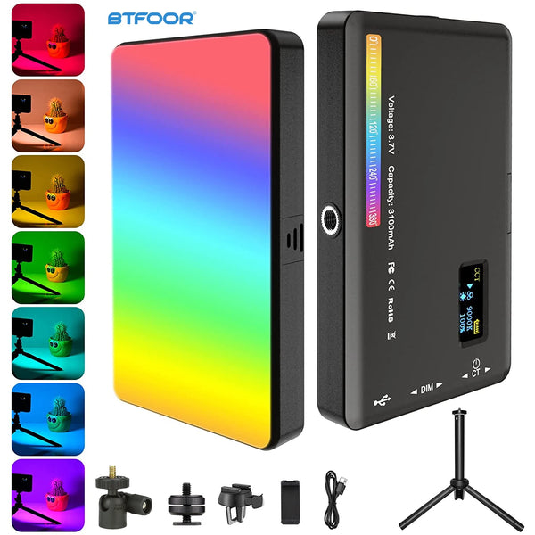 An RGB video light kit featuring a rectangular panel and various accessories like a stand and cables.