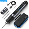 A cordless wireless soldering iron kit showing the main tool, accessories like tips and a carrying case, and a power cord.