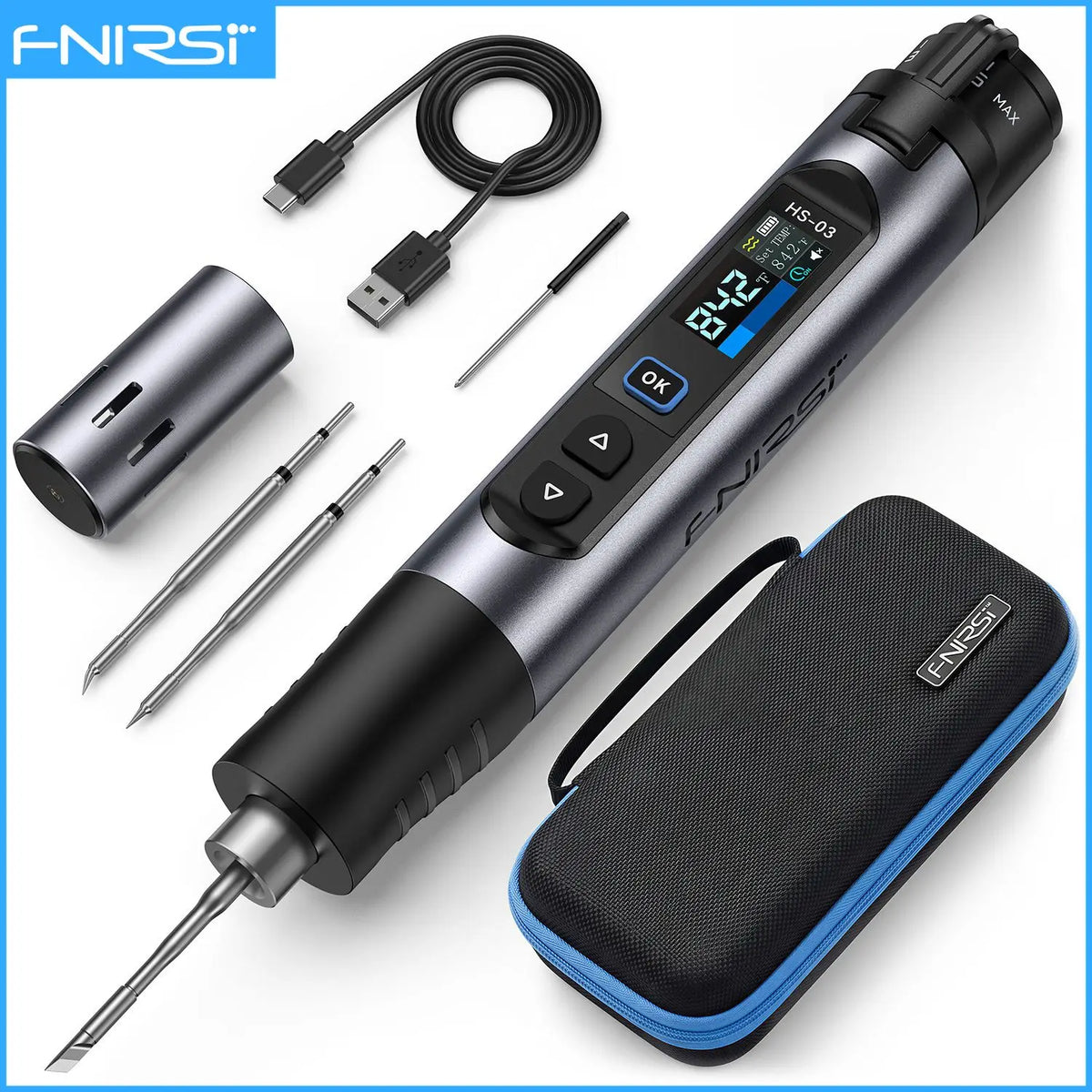 A cordless wireless soldering iron kit showing the main tool, accessories like tips and a carrying case, and a power cord.