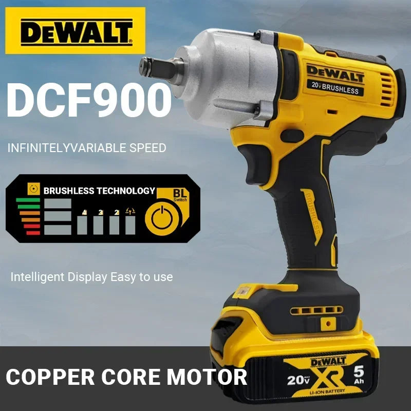A yellow and black DEWALT DCF900 brushless drill/driver tool with a silver chuck and battery.