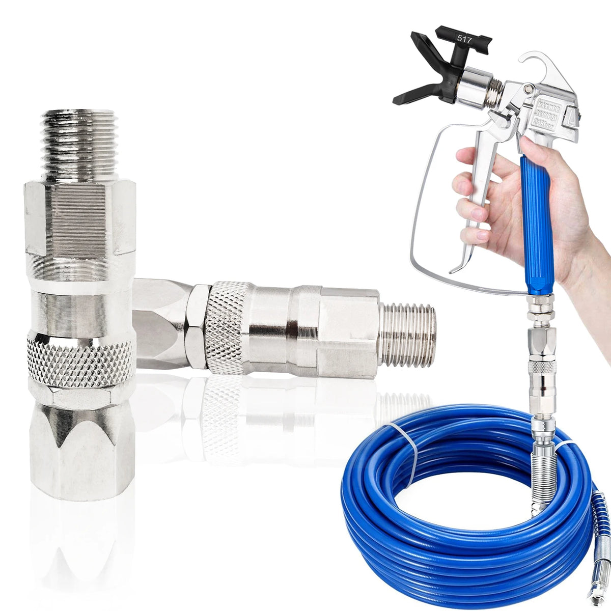 A hand holds a precision swivel joint for airless paint sprayers with a blue hose and metal fittings.
