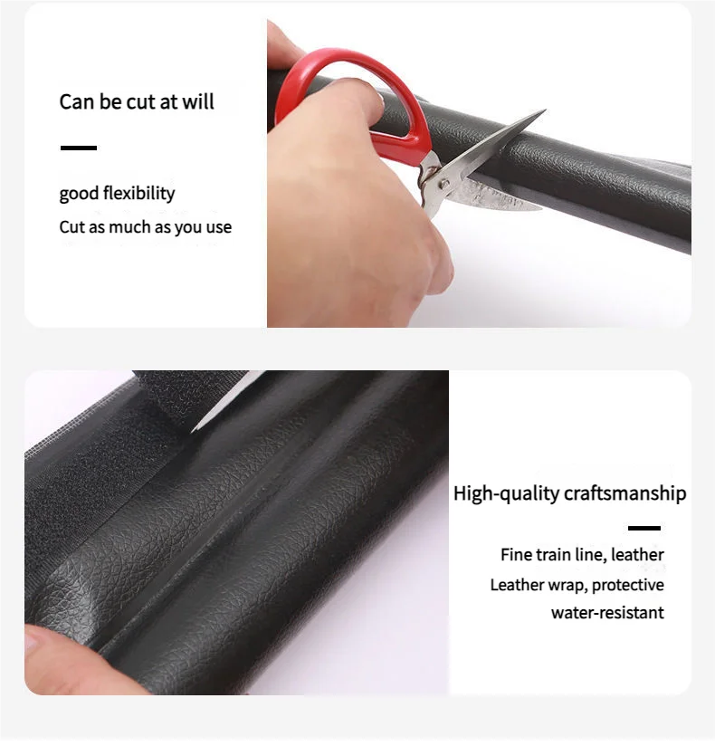 A hand uses a pair of scissors to cut a black door draft stopper, demonstrating its flexibility and ability to be cut as need