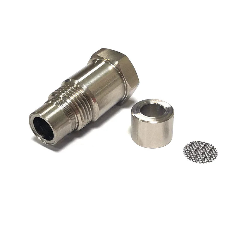 A metallic precision oxygen sensor adapter with a threaded body and a separate cylindrical fitting.