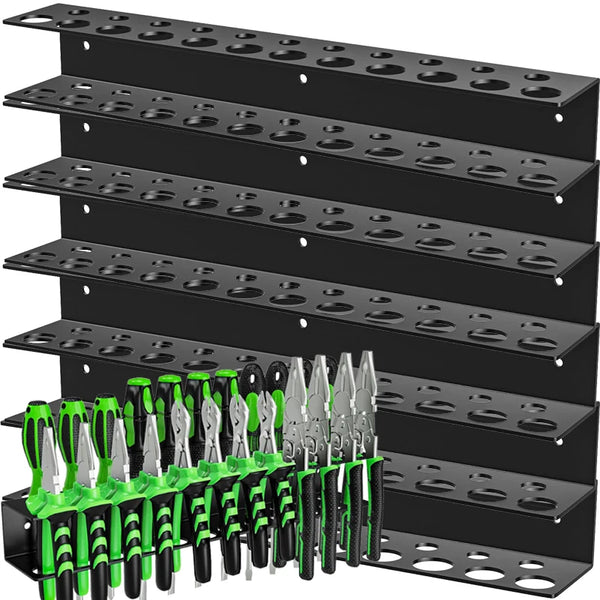 Soporte organizador de herramientas montado en la pared de color negro con múltiples filas y mangos verdes