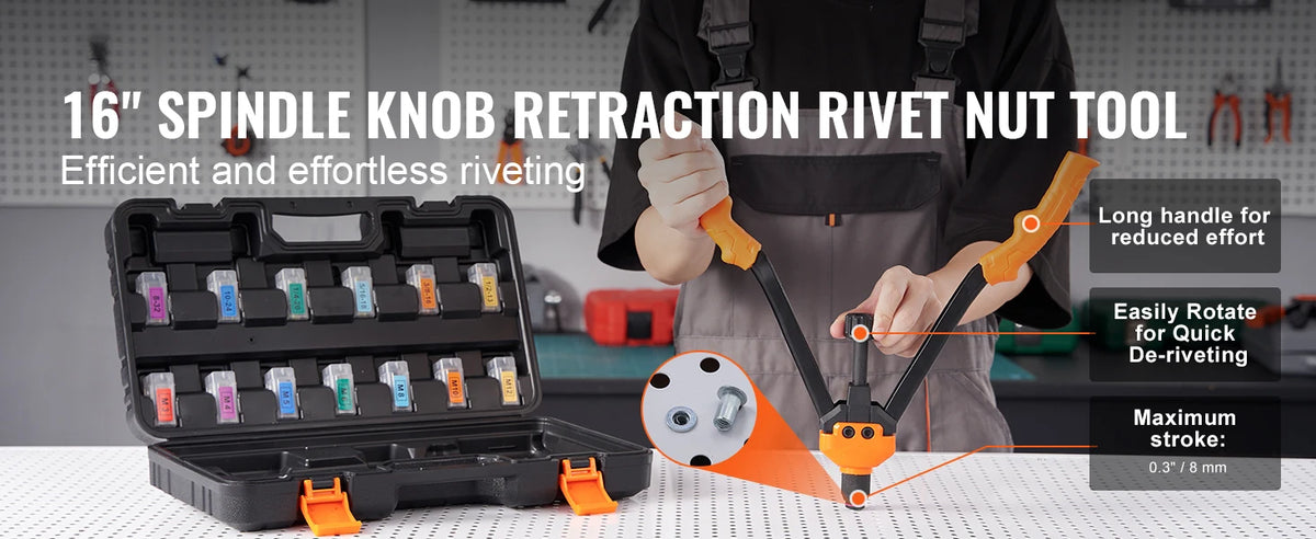A person demonstrates the 16 inch spindle knob retraction rivet nut tool kit for efficient riveting.