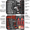 A black tool kit organized in a molded case featuring various hand tools like wrenches, pliers, and screwdrivers.