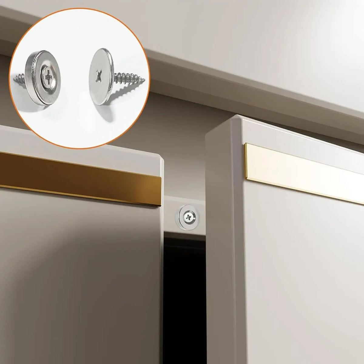 Close-up view of an invisible magnetic door latch mechanism used for furniture doors.