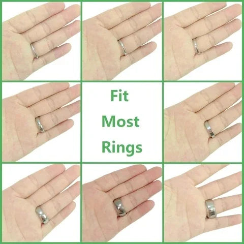 A set of invisible ring sizers and rings shown on various hands to demonstrate fit.