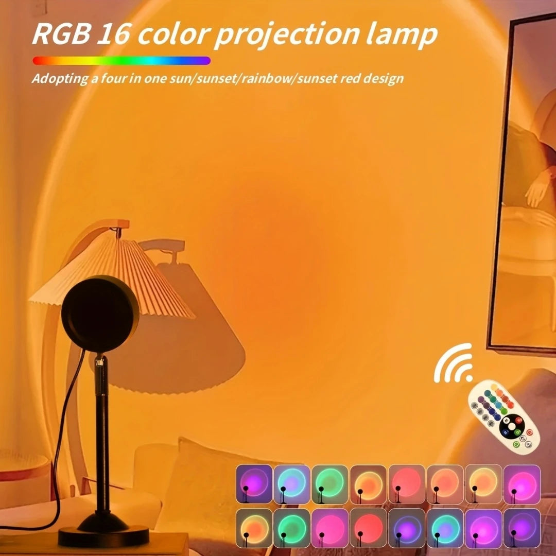 An RGB 16 color projection lamp illuminating a room with warm orange light and various colored spots.