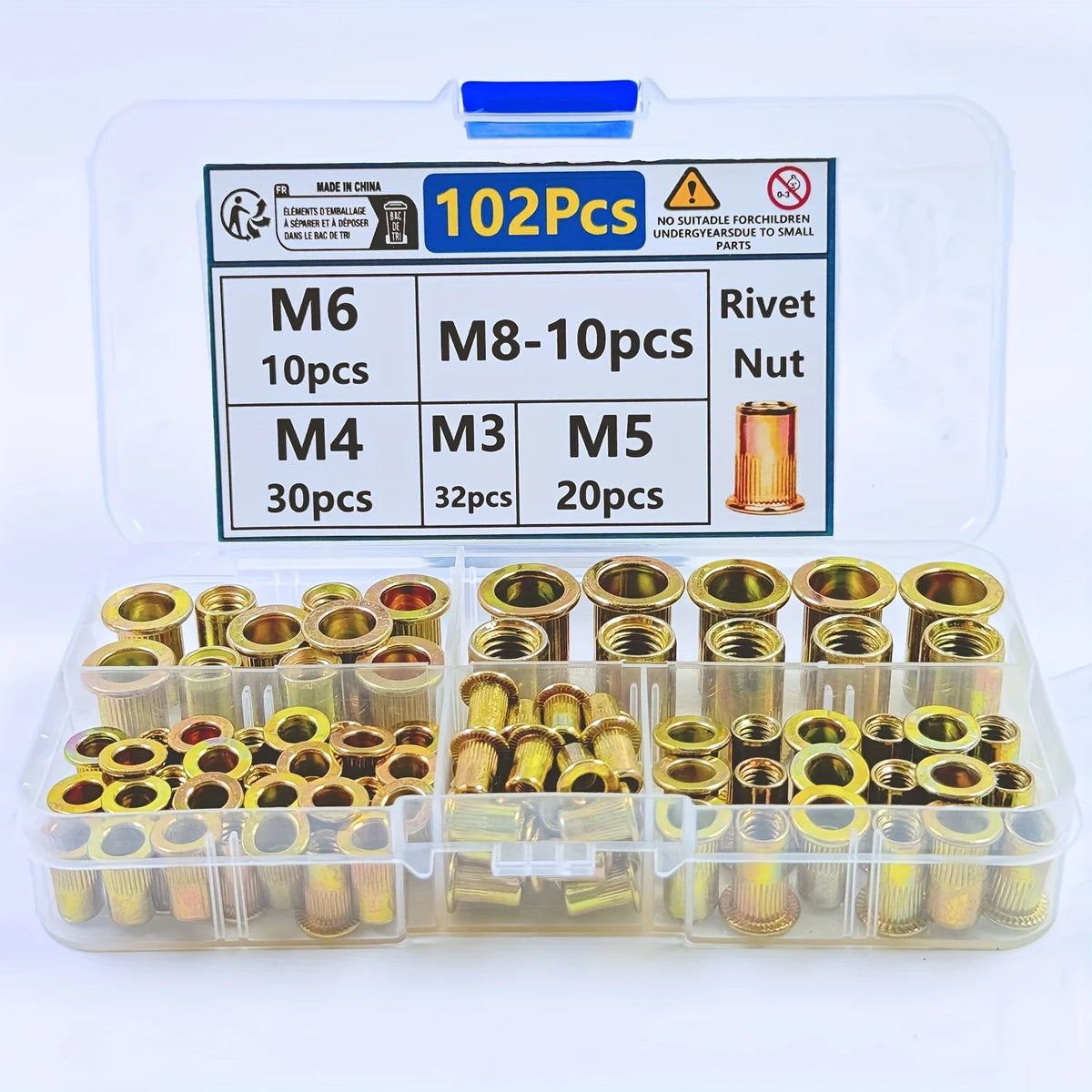 A clear plastic box containing a set of 102 steel rivet nuts and rivets, categorized by size M6, M8, M4, M3, and M5.