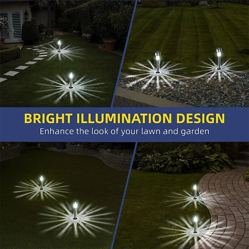 Bright illumination design showing solar garden path lights illuminating a lawn and garden area.