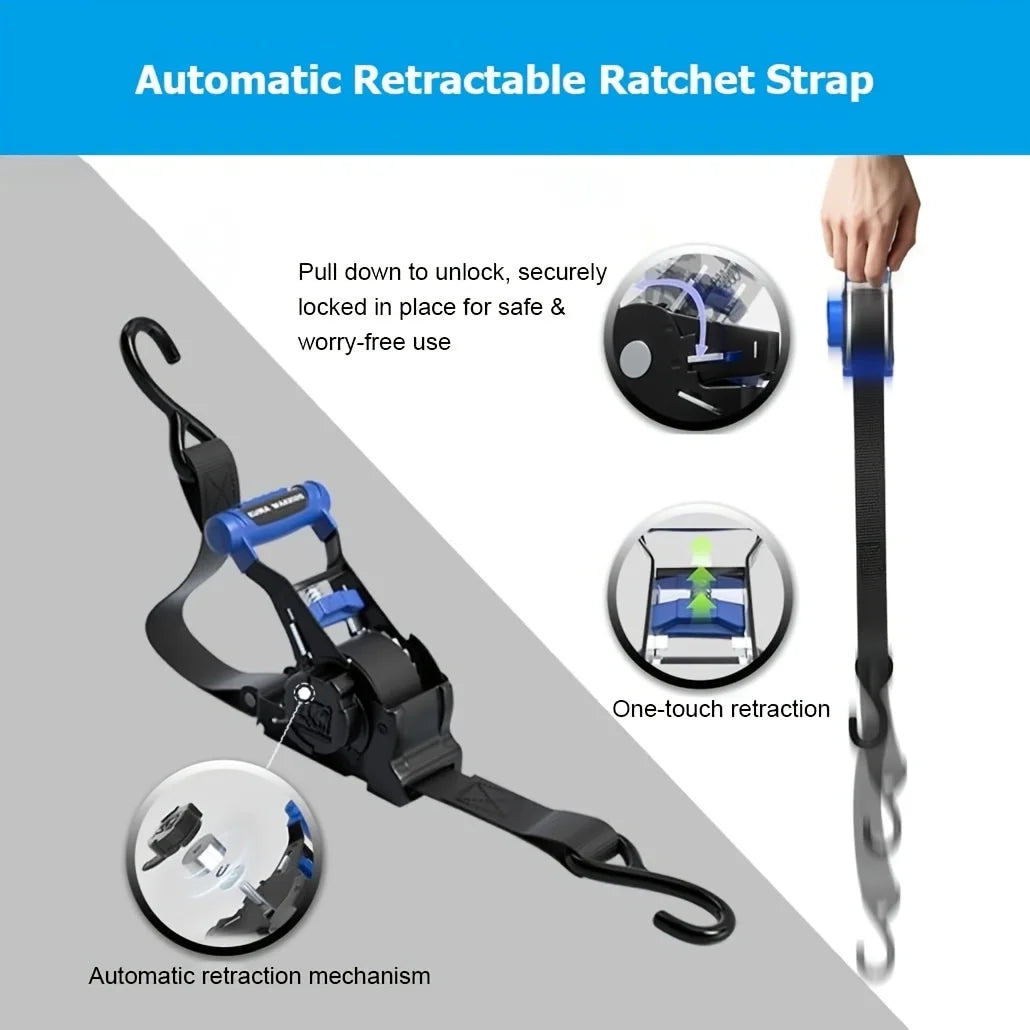 Automatic retractable ratchet strap shown with various views demonstrating the one-touch retraction mechanism and secure lock