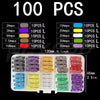 A set of 100 precision car fuses organized by amperage, showing various colored fuse holders.